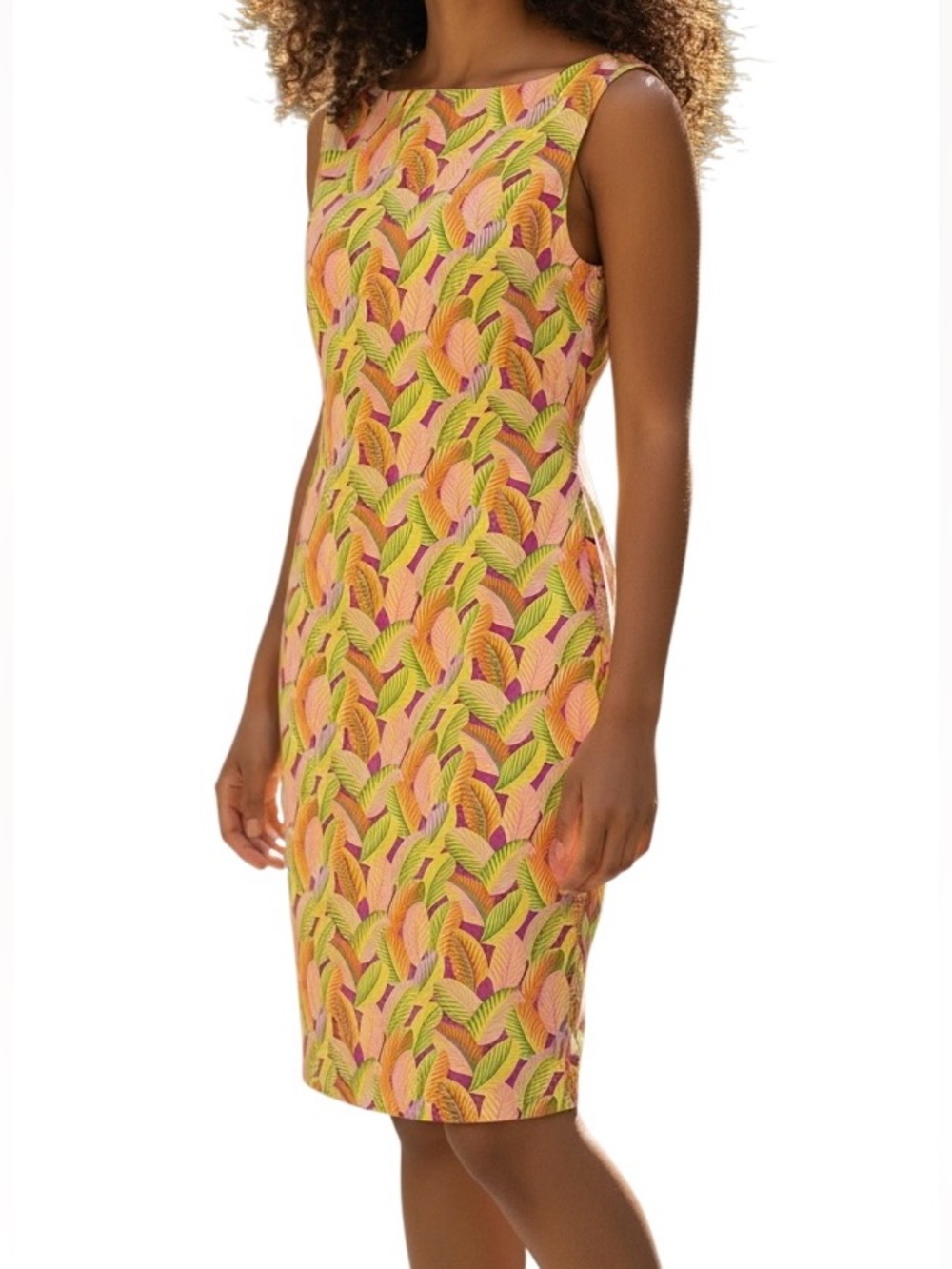 Sleeveless Leaf-Print Midi Dress in Pink, Orange & Green